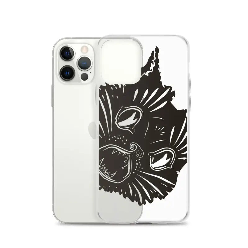 Black cat face design on clear phone case featuring surreal cat design artistry