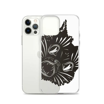 Black cat face design on clear phone case featuring surreal cat design artistry