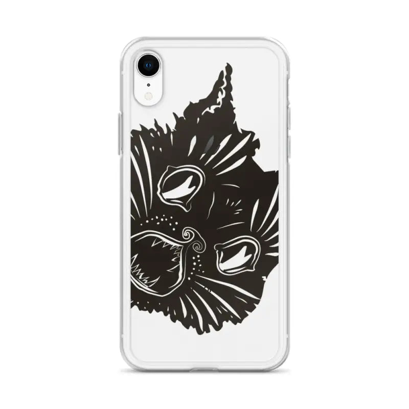 Black cat face illustration on clear phone case with surreal cat design for pet lovers