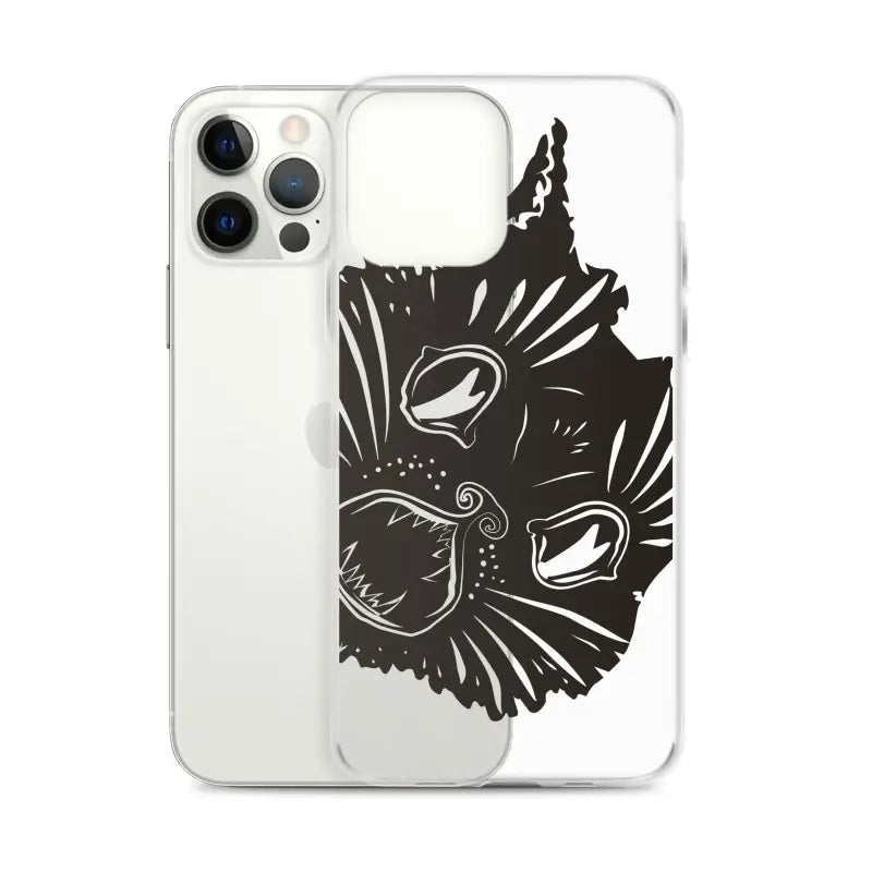 Black cat face design on a clear phone case featuring surreal cat design elements