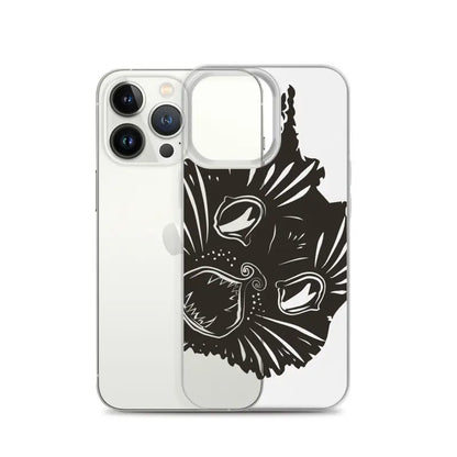 Clear phone case showcasing a surreal cat design featuring a kitty head with striking eyes