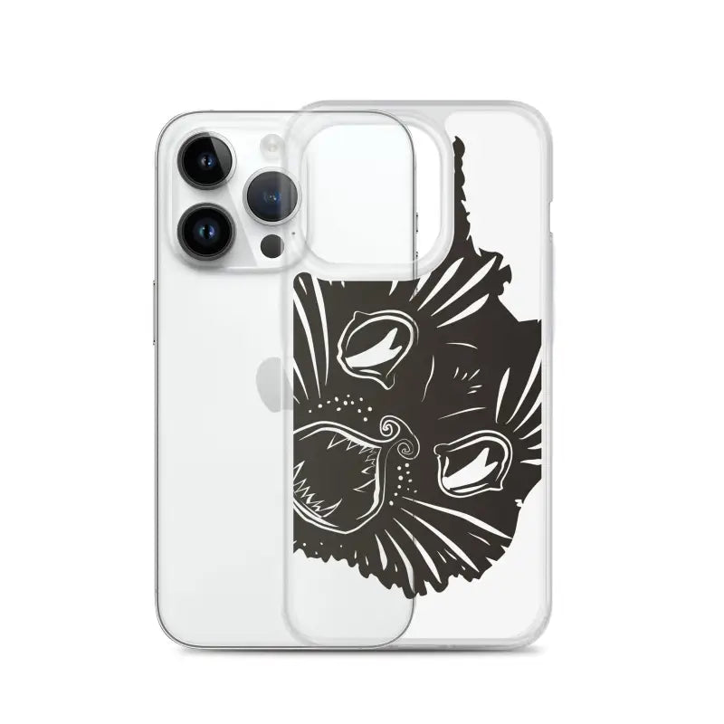 Clear phone case featuring a surreal cat design with a kitty head illustration