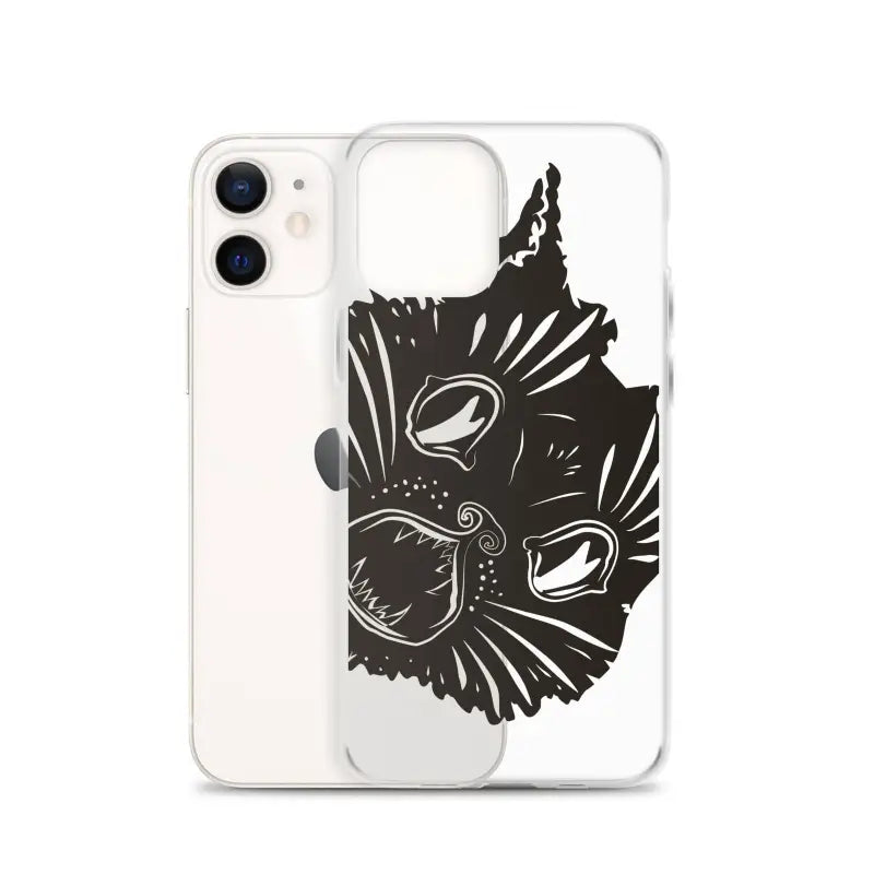 Black cat face silhouette with stylized whiskers on surreal cat design phone case