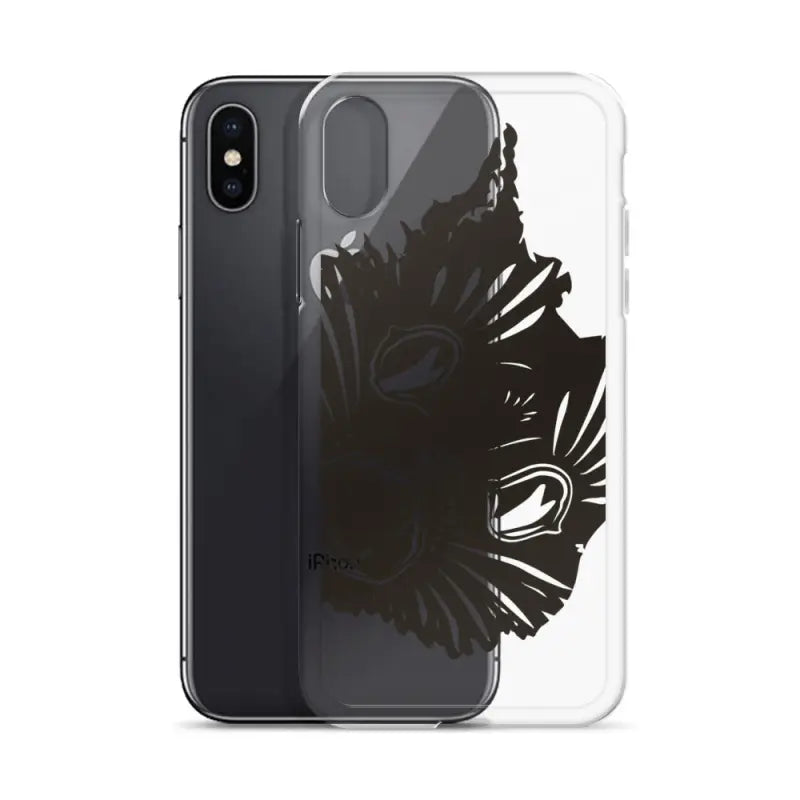 Clear phone case featuring a black feather design and surreal cat design elements