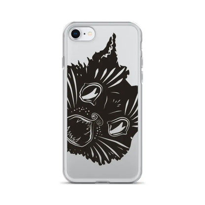 Black kitty head design on a clear phone case featuring a surreal cat design