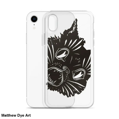 Clear iPhone case featuring Ah Kitty Head design with black cat face for spooky vibes