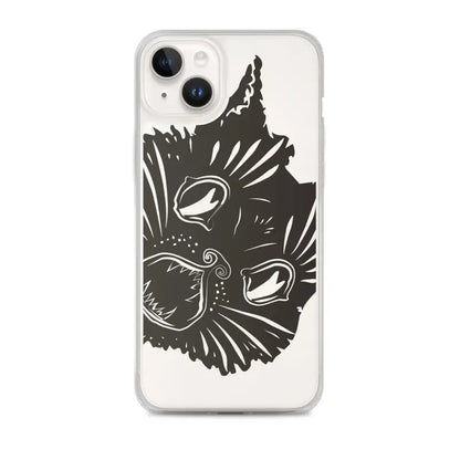Black cat face illustration on Ah Kitty Head iPhone Clear Case for a spooky Halloween vibe