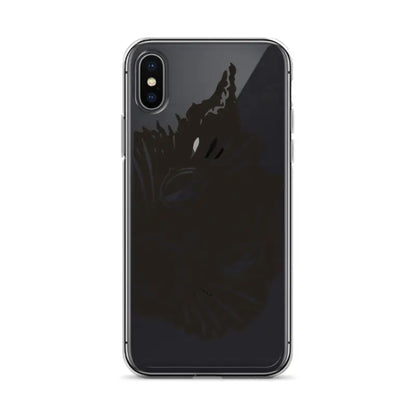 Black iPhone X with dual cameras in Ah Kitty Head iPhone Clear Case for spooky vibes