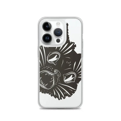 Black cat face design on Ah Kitty Head iPhone Clear Case with spooky Halloween vibe