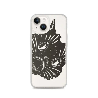 Black cat face silhouette with swirling whiskers on Ah Kitty Head iPhone Clear Case