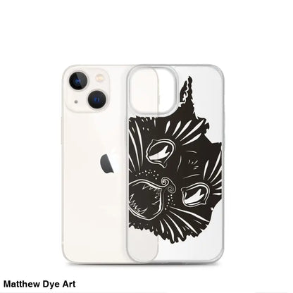 Clear iPhone case with ah kitty head black cat face design for a spooky Halloween vibe
