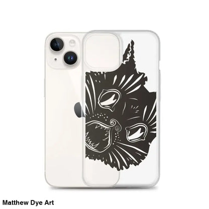 Black cat face illustration on Ah Kitty Head iPhone Clear Case with spooky Halloween vibe