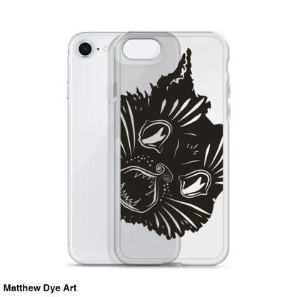 Clear iPhone case featuring Ah Kitty Head design with black cat face and spooky Halloween vibe