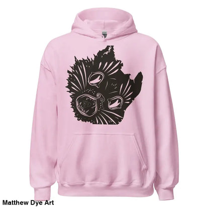 Warm unisex kitty hoodie featuring a black celestial wolf design on a pink sweatshirt