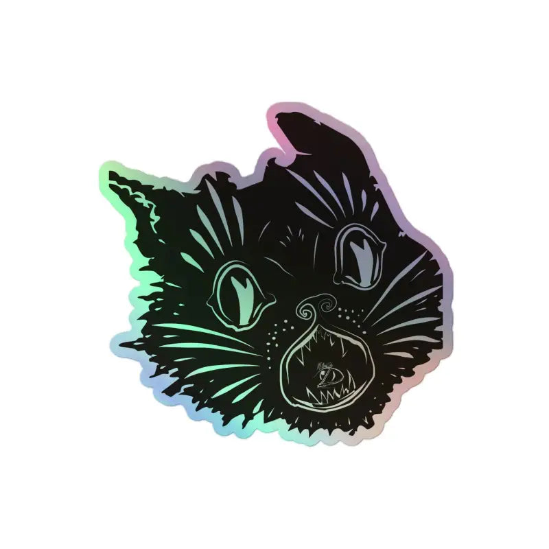 Holographic sticker of an enchanted kitty head with glowing green eyes and whiskers