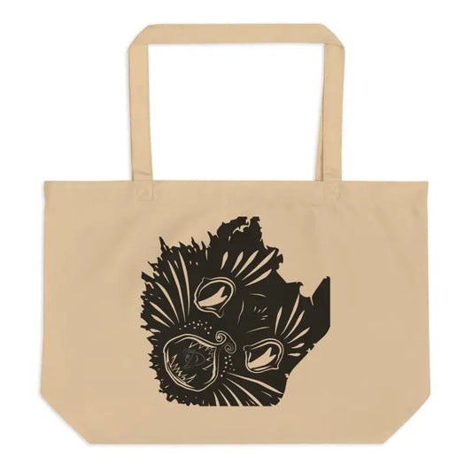 Tan tote bag with black bird silhouette design for Halloween adventures, Ah Kitty large size