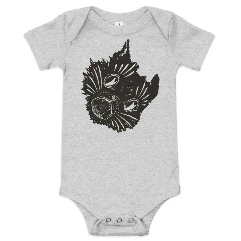 Light gray baby one-piece onsie with black cat face design for Ah Kitty Halloween