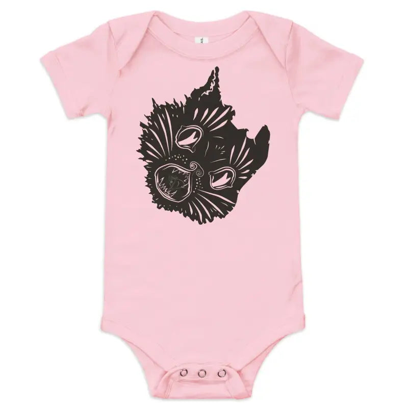 Pink baby one-piece onsie featuring black cat face design for Ah Kitty Halloween, crafted in ring-spun combed cotton