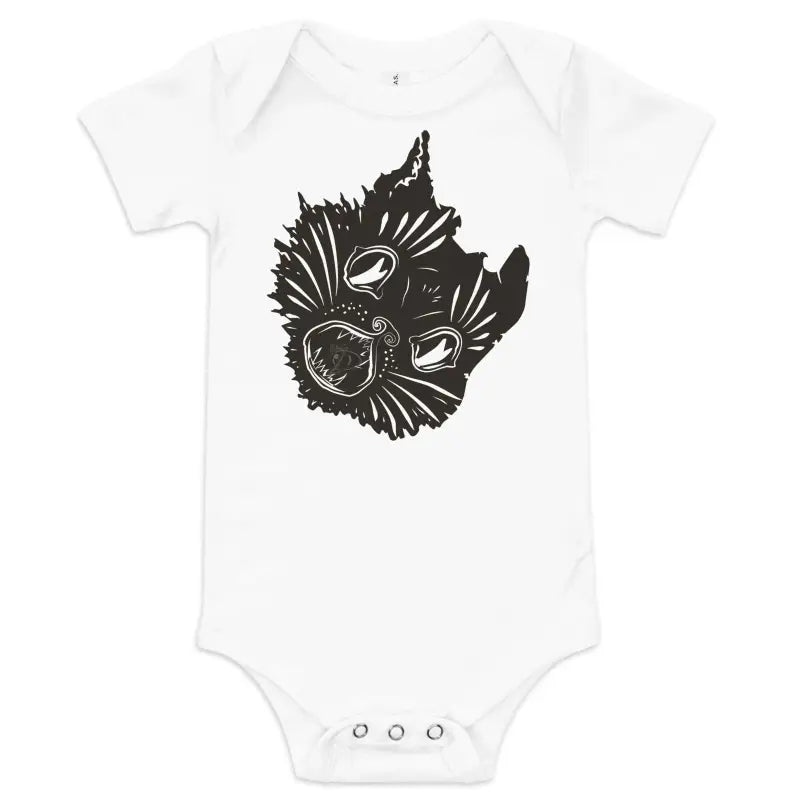 White baby one-piece onsie featuring a black cat face design for Ah Kitty Halloween