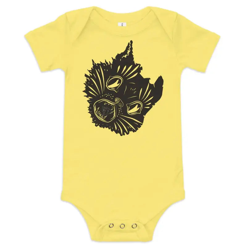 Yellow baby one-piece onsie featuring a black cat face design for Ah Kitty Halloween