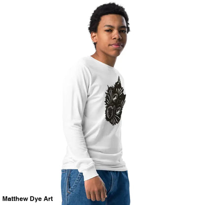 White long-sleeved Ah Kitty Halloween sweater for kids with black graphic design