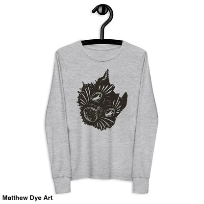 Gray long-sleeved Ah Kitty Halloween sweater for kids with graphic design