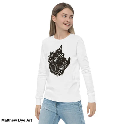 White long-sleeved Ah Kitty Halloween sweater for kids with black monster graphic