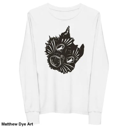 White long-sleeved Ah Kitty Halloween sweater for kids featuring black cat graphic