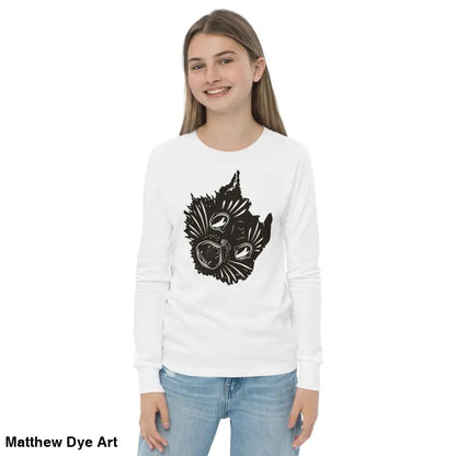 White long-sleeved Ah Kitty Halloween sweater for kids with black graphic design
