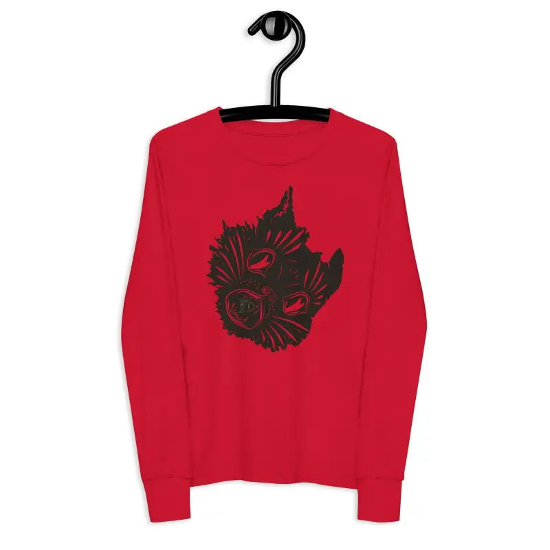 Red long-sleeve youth sweater featuring a black cat face design for Halloween celebrations