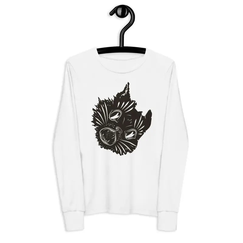 White long-sleeve Ah Kitty Halloween sweater for kids featuring a black cat face design