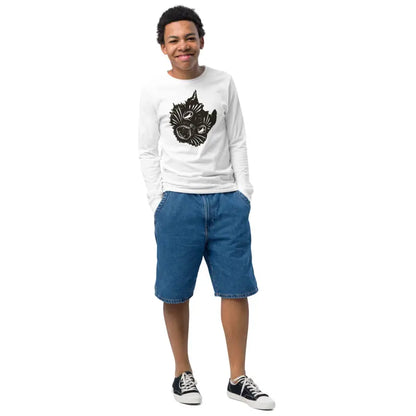 Boy’s long-sleeved Ah Kitty Halloween sweater for kids paired with denim shorts