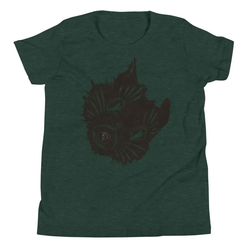 Dark green spooky cat t-shirt featuring a black cat face design for Halloween magic