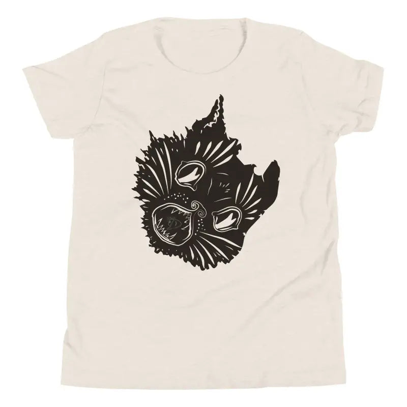 Cream-colored t-shirt featuring spooky cat face design from Whispers of Softness collection