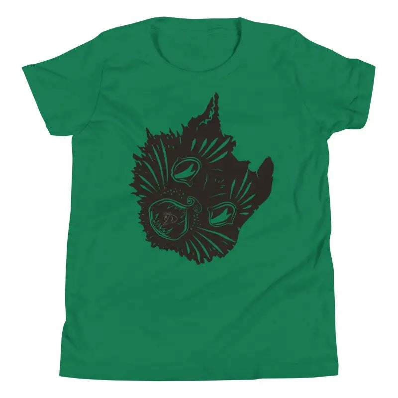 Green t-shirt featuring a spooky cat face design for Halloween magic in youth sizes