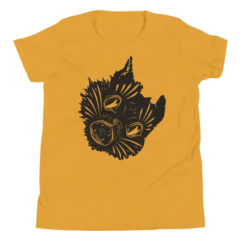 Yellow t-shirt featuring spooky cat face design, ideal for Halloween magic and youth wear