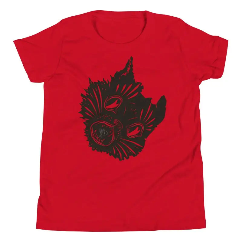 Red t-shirt featuring a black wolf head design, ideal for Halloween magic and spooky cat fans