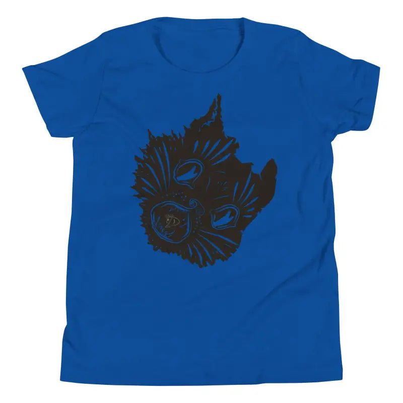 Royal blue spooky cat t-shirt featuring a black cat face design for Halloween magic