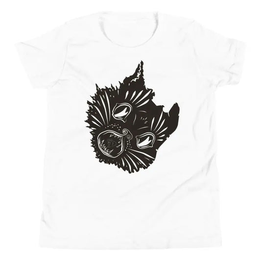 Black cat head design on a white t-shirt for Halloween magic in the kitty head youth collection