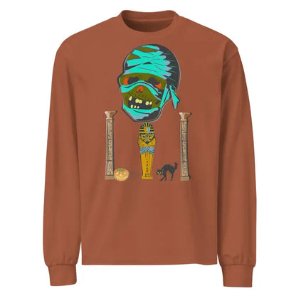 Brown premium long sleeve shirt featuring mummy mystique graphic for relaxed fit style