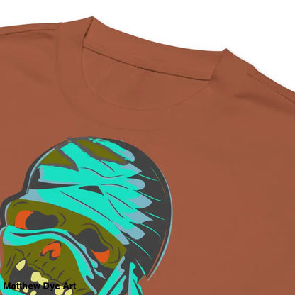 Brown premium long sleeve t-shirt featuring mummy mystique graphic for unisex wear