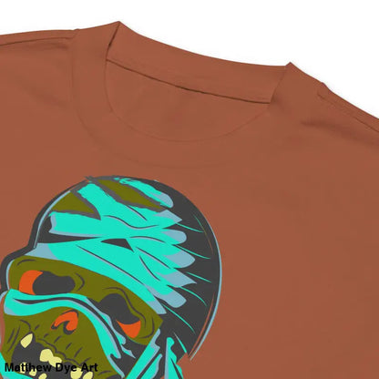 Brown premium long sleeve t-shirt featuring mummy mystique graphic for unisex wear