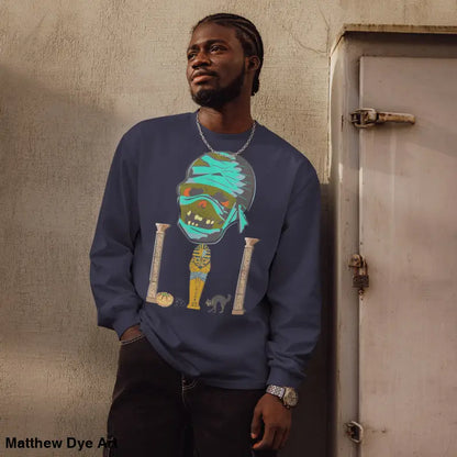 Navy blue premium long sleeve sweatshirt featuring relaxed fit Mummy mystique design