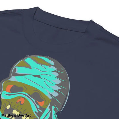 Navy premium long sleeve t-shirt featuring mummy graphic, offering relaxed fit and mystique