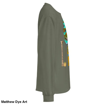 Olive green premium long sleeve shirt featuring relaxed fit and mummy mystique design
