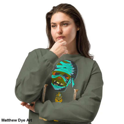 Olive green premium long sleeve sweatshirt featuring mummy mystique design