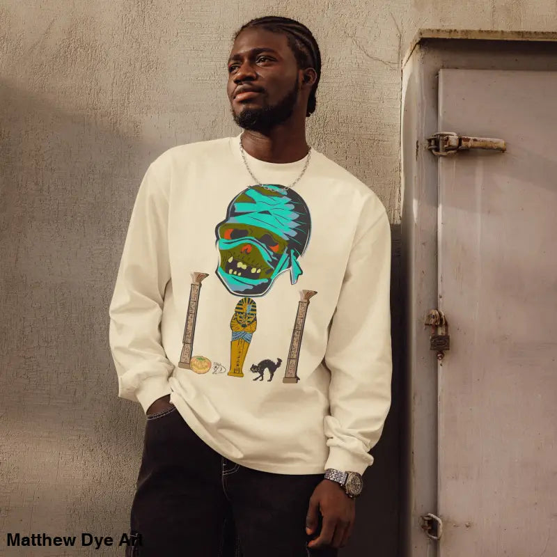 Premium long sleeve graphic tee featuring relaxed fit and Mummy Mystique design