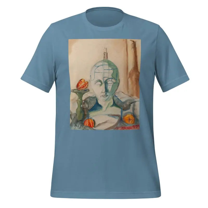 Light blue Phrenology Unisex T-shirt by Matthew Dye featuring artistic classical bust and flowers