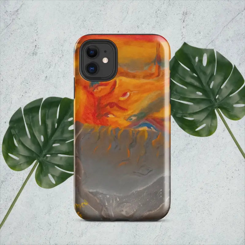 Artful Armor Tough Case featuring an orange, yellow, and gray abstract design for iPhone