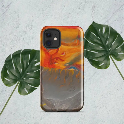 Artful Armor Tough Case featuring an orange, red, and gray abstract paint design for iPhone